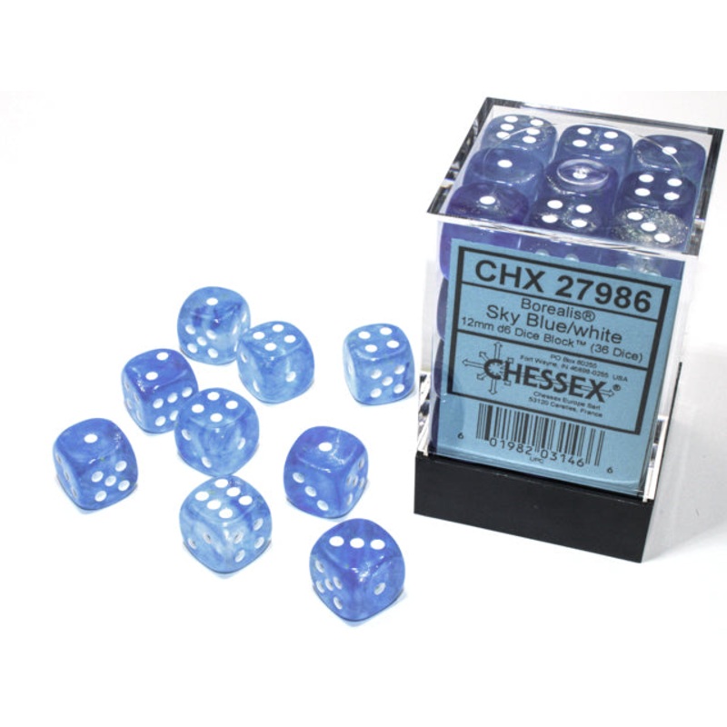 Chessex 12mm Borealis Luminary Sky Blue/White 36 D6 set (27986) 12mm BO Sky Blue/White