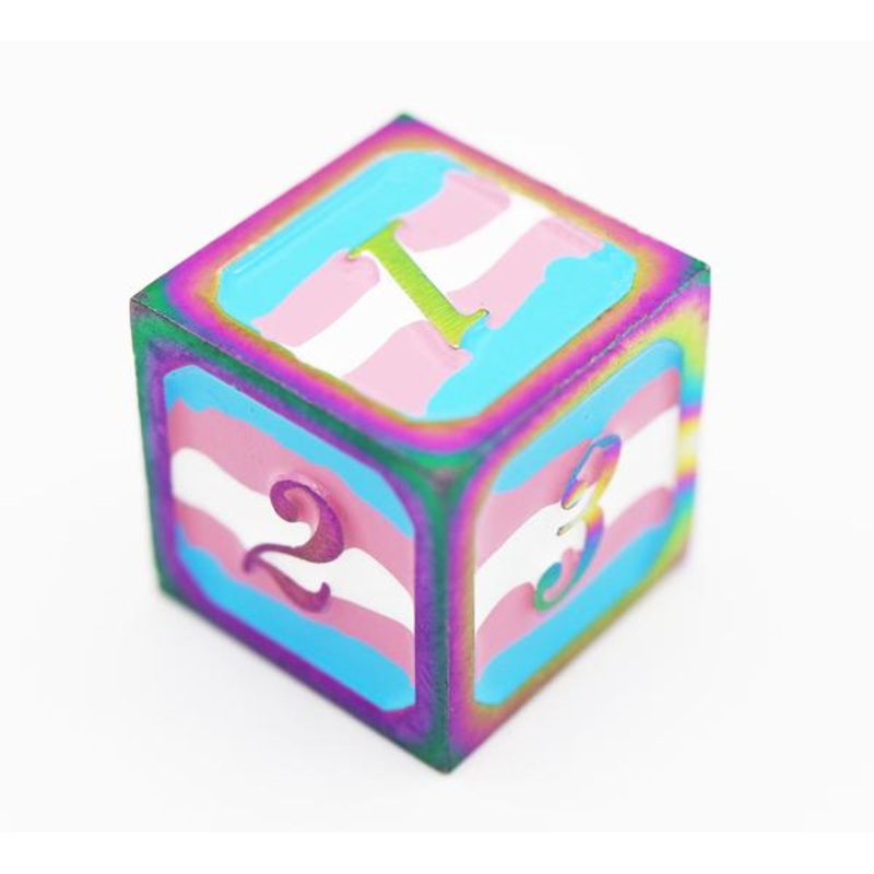 Dice for All Single Metal D6 – Transgender Pride Flag with Rainbow Metal