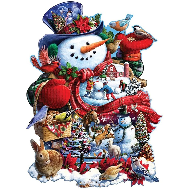 Bits and Pieces – 750 Piece Shaped Jigsaw Puzzle – Happy Holiday Snowman by Artist Larry Jones
