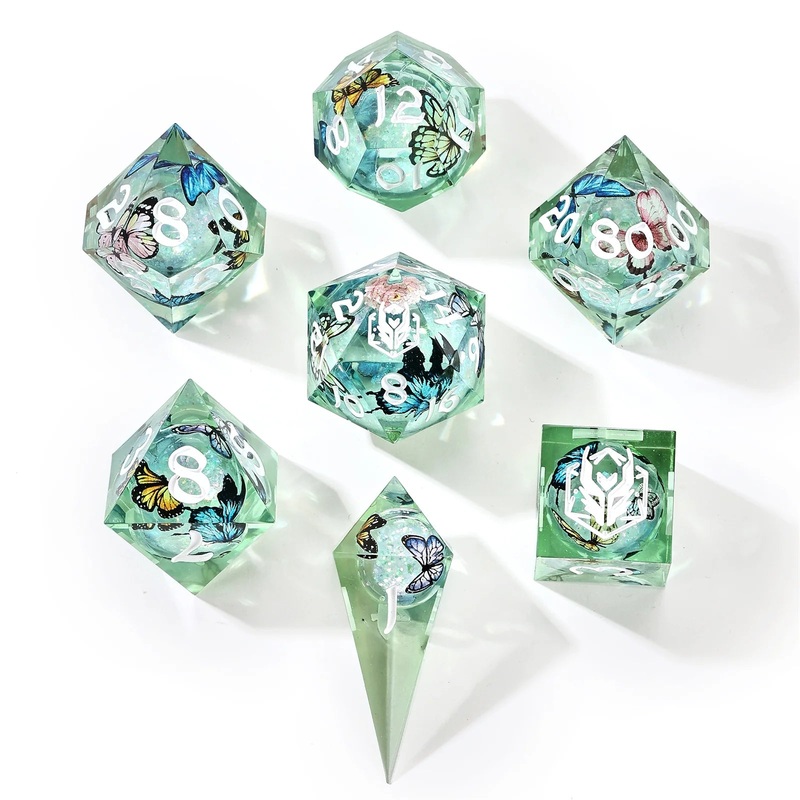 Captured Magic Hand Sanded Sharp Edge Resin – Liquid Core Dice Set – Butterfly Kaleidescope 7ct Butterfly Kaleidescope