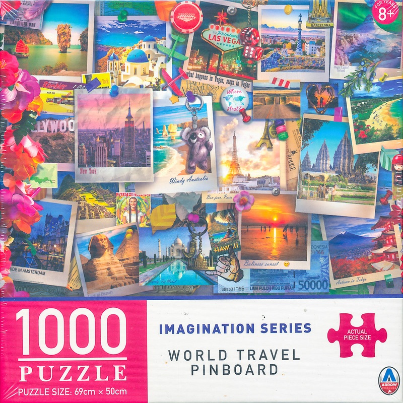 Arrow Puzzles – Imagination Series – World Travel Pinboard by Lillia Art Studios Jigsaw Puzzle (1000 Pieces)
