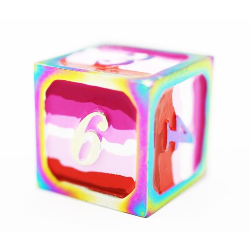 Dice for All Single Metal D6 – Lesbian Pride Flag with Rainbow Metal